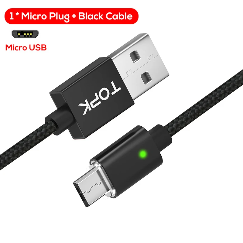 Black Micro Cable Магнитный кабель Micro USB TOPK F-Line и кабель usb type-C для синхронизации данных, светодиодный кабель с нейлоновой оплеткой и магнитным индикатором для зарядного устройства USB C - Цвет: Black Micro Cable