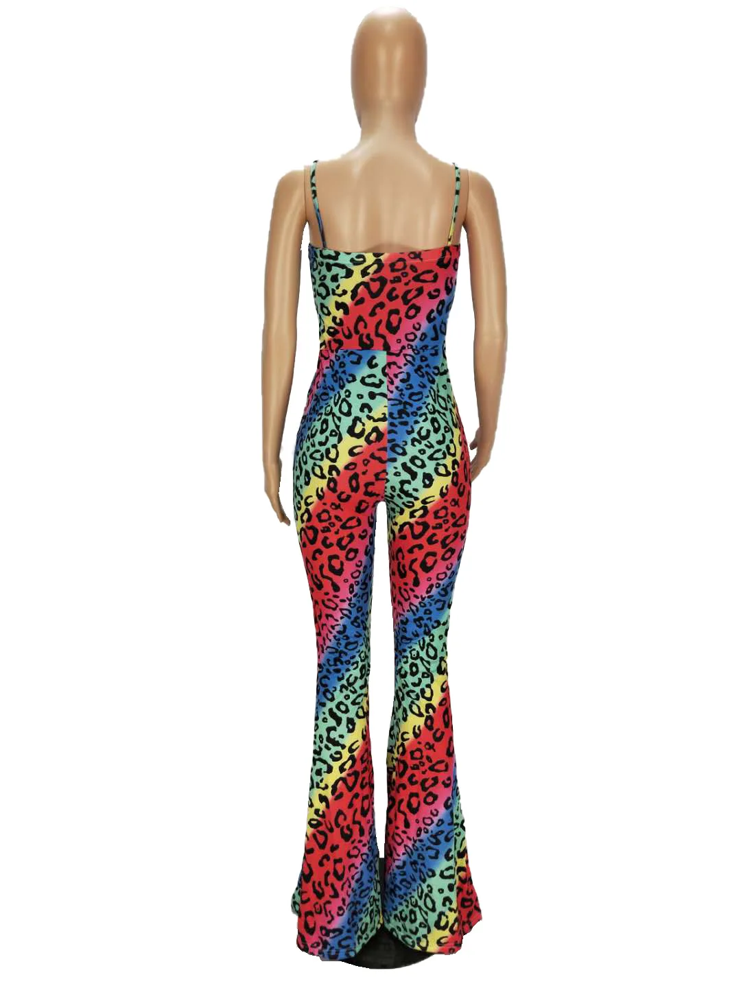 

HAOOHU Active Wear Leopard Print Spaghetti Strap Women Sleeveless Wide Leg Flare Jumpsuit Streetwear One Piece Romper Overalls