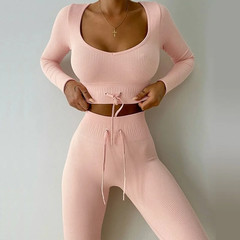 

Autumn and Winter Long-sleeved Piano Line Seamless Sports Yoga Suit Fitness Clothes Leggings Sets Womens Outfits 2 Piece Set
