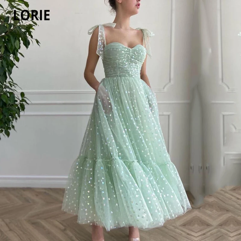 LORIE Shiny Fairy Prom Dresses Sweetheart Mint Green Tulle Tea Length Wedding Party Gown Short Graduation Robes de cocktail