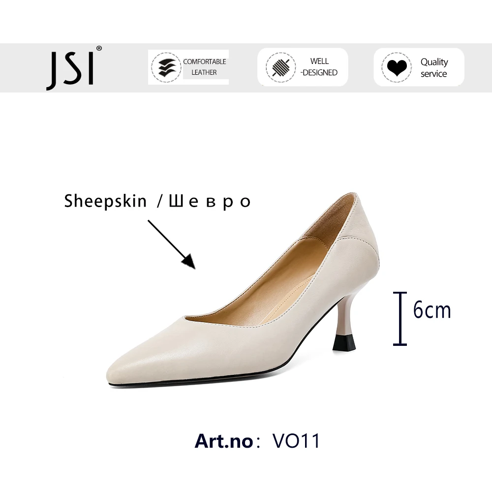 

JSI Pumps Woman Gneuine Leather Shallow Pointed Toe Black Solid Concise Style High Thin Heel Office Lady Shoes VO11