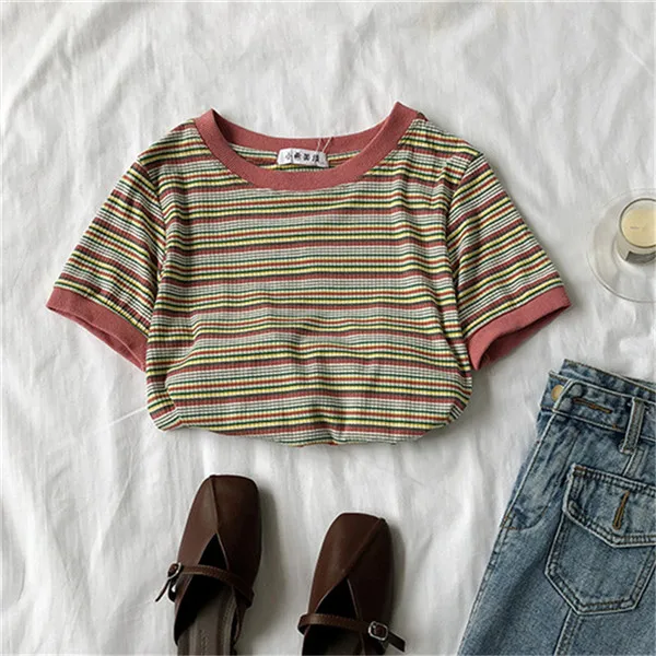 pink tee Neploe летняя винтажная Корейская женская футболка с коротким рукавом в полоску и круглым вырезом, повседневные Модные женские футболки одного размера 68085 - Цвет: pink tee