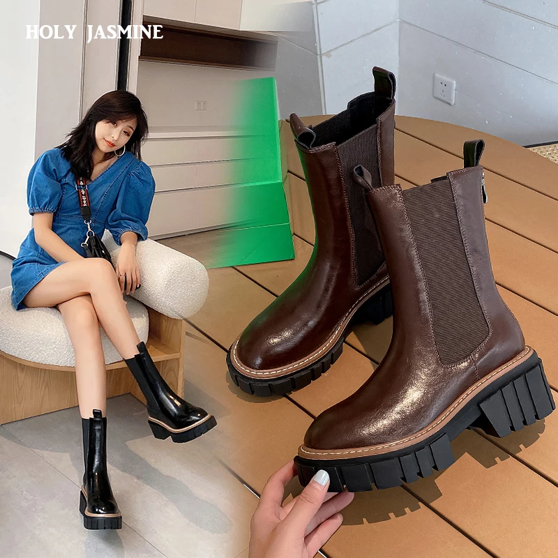 

Thick Bottom Genuine Leather Western Style Chelsea Ankle Boots for Woman Elastic Band Chunky Heel Boot Lady Shoes Platform Boots