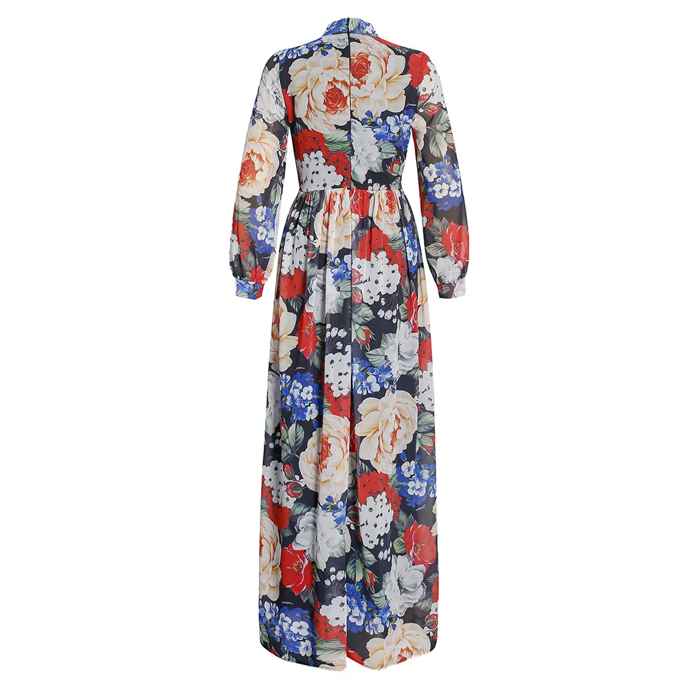 Elegant Chiffon Floral Dress African Print Maxi Dresses for Women Muslim Islamic High Waist Abaya Kaftan Turkish Party Gown
