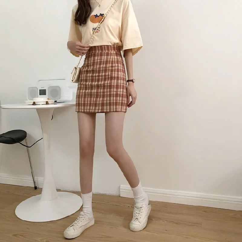 

2021 Summer Woman Mini Skirts High Waist Plaid A Line Skirt Preppy Female Fashion Cute Kawaii Harajuku Skirts