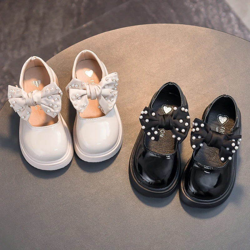 Girls Princess Shoes Pearls Big Bow Mary Janes Patent Leather Oxford For Kids Baby Children Casual Black White |