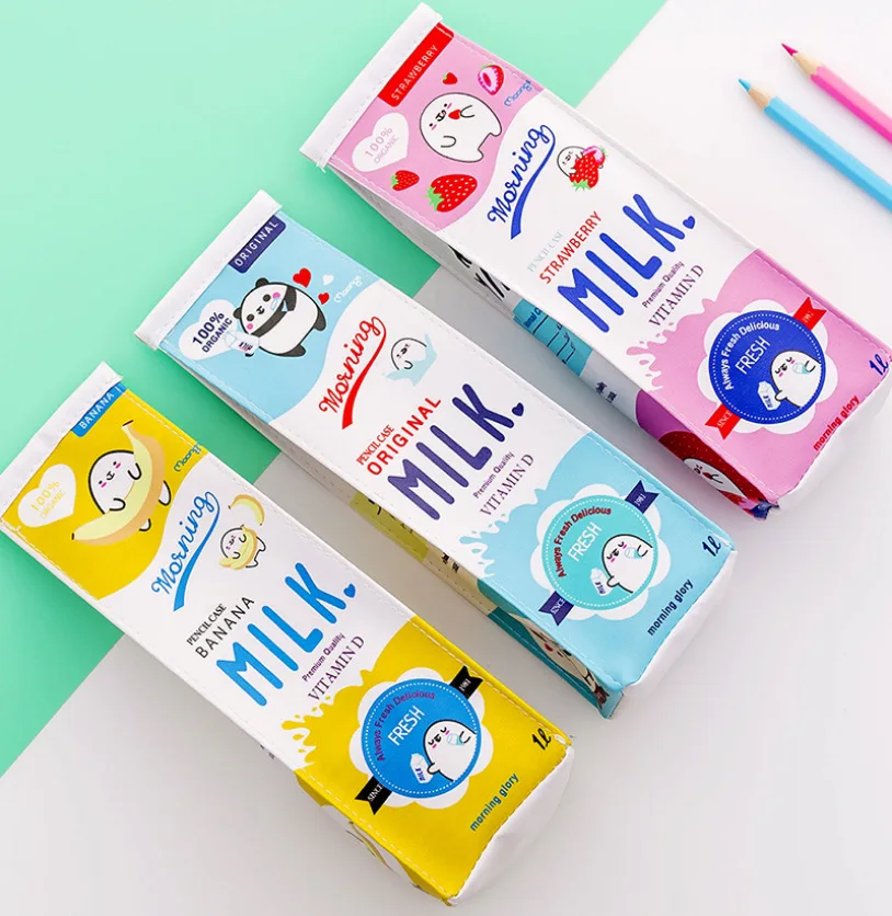 

Creative Simple Cartoon Milk Pencil Bag Zipper Leather Waterproof Stationery Bag Student Supplies Pencil Bag Special for Exam