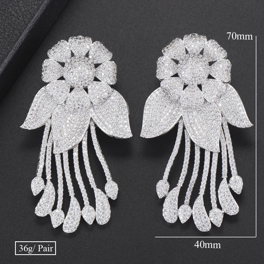 

KellyBola Luxury Big Sunflower Earrings Women Nigerian Style Full Cubic Zirconia Inlaid Dangle Drop Earrings Statement Jewelry