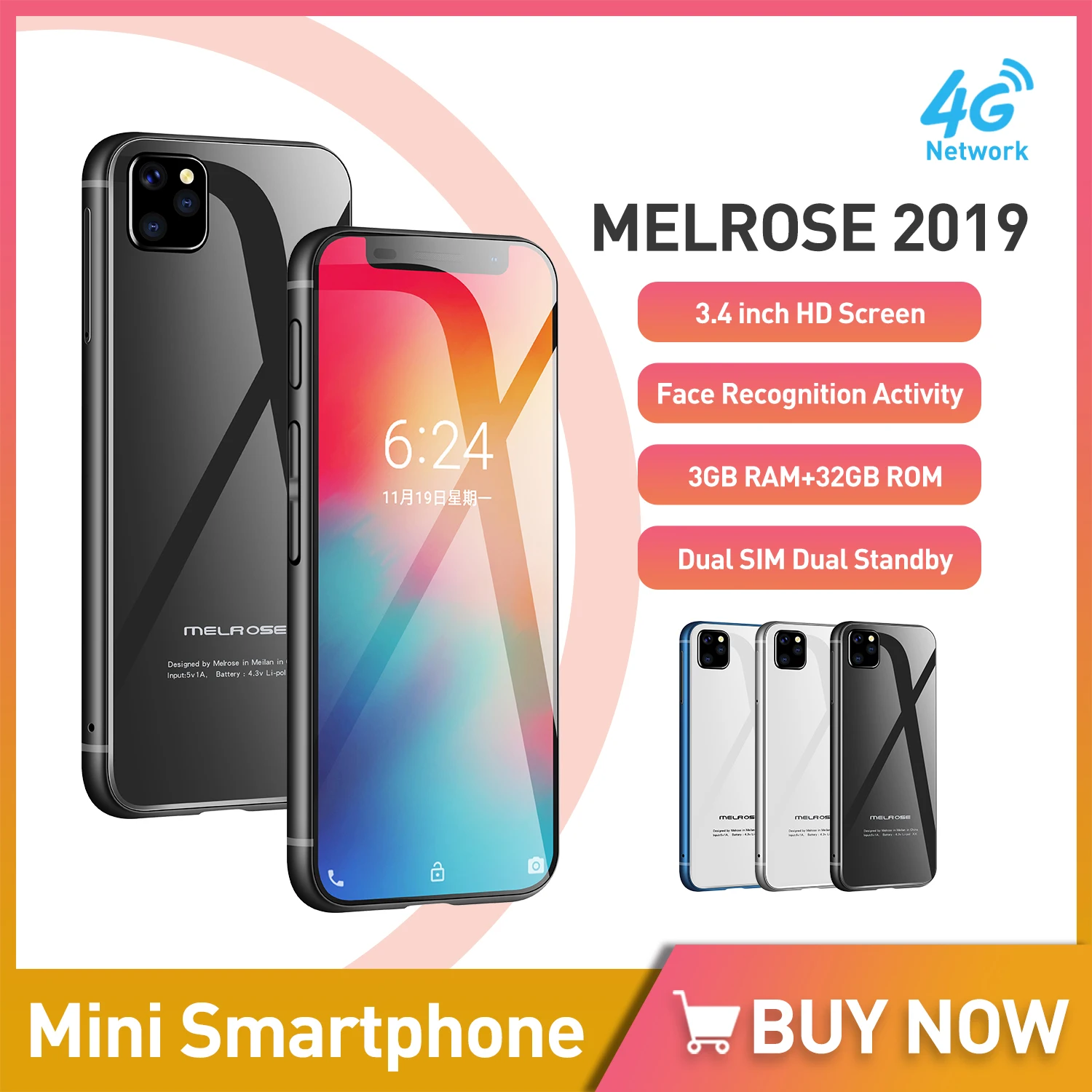 UNIWA – smartphone Melrose 2019, téléphone portable, 3.4 pouces, Android 8.1, Quad Core, double 4G LTE, reconnaissance faciale, caméra 5mp  (0)