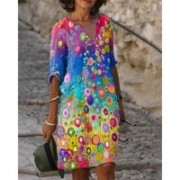 2021 new women printing dress summer v neck half sleeve a line dresses female retro litera vintage loose dress