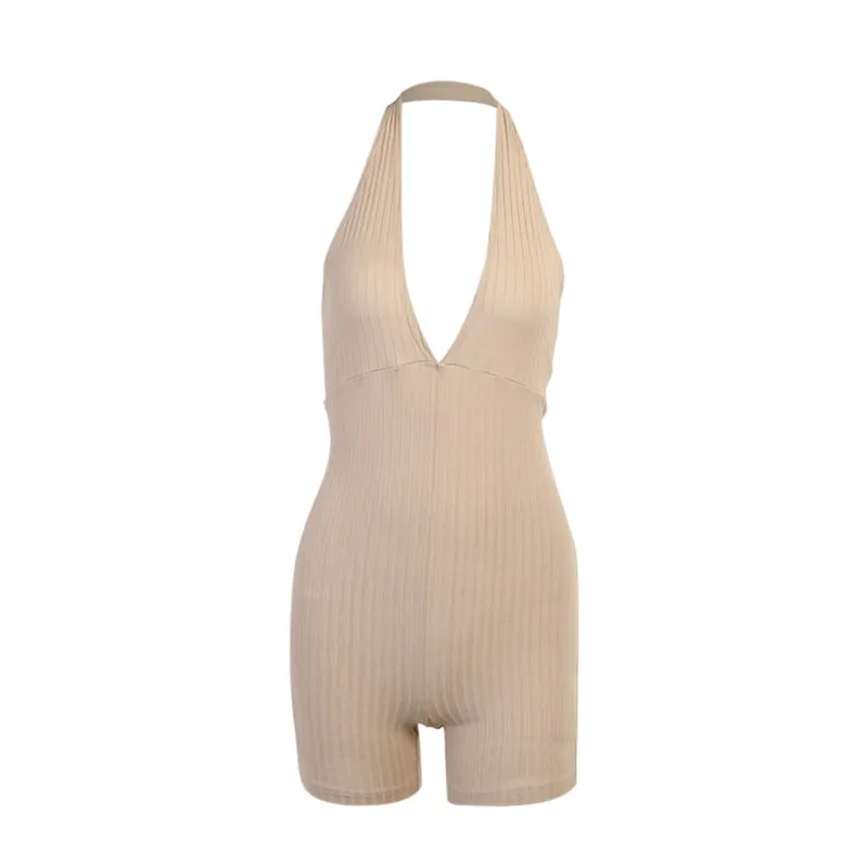 

Womens Sexy Deep V-neck Halter Playsuit Fashion Solid Color Slim Fit Backless Jumpsuit Summer Sleveless Hangging Neck Romper