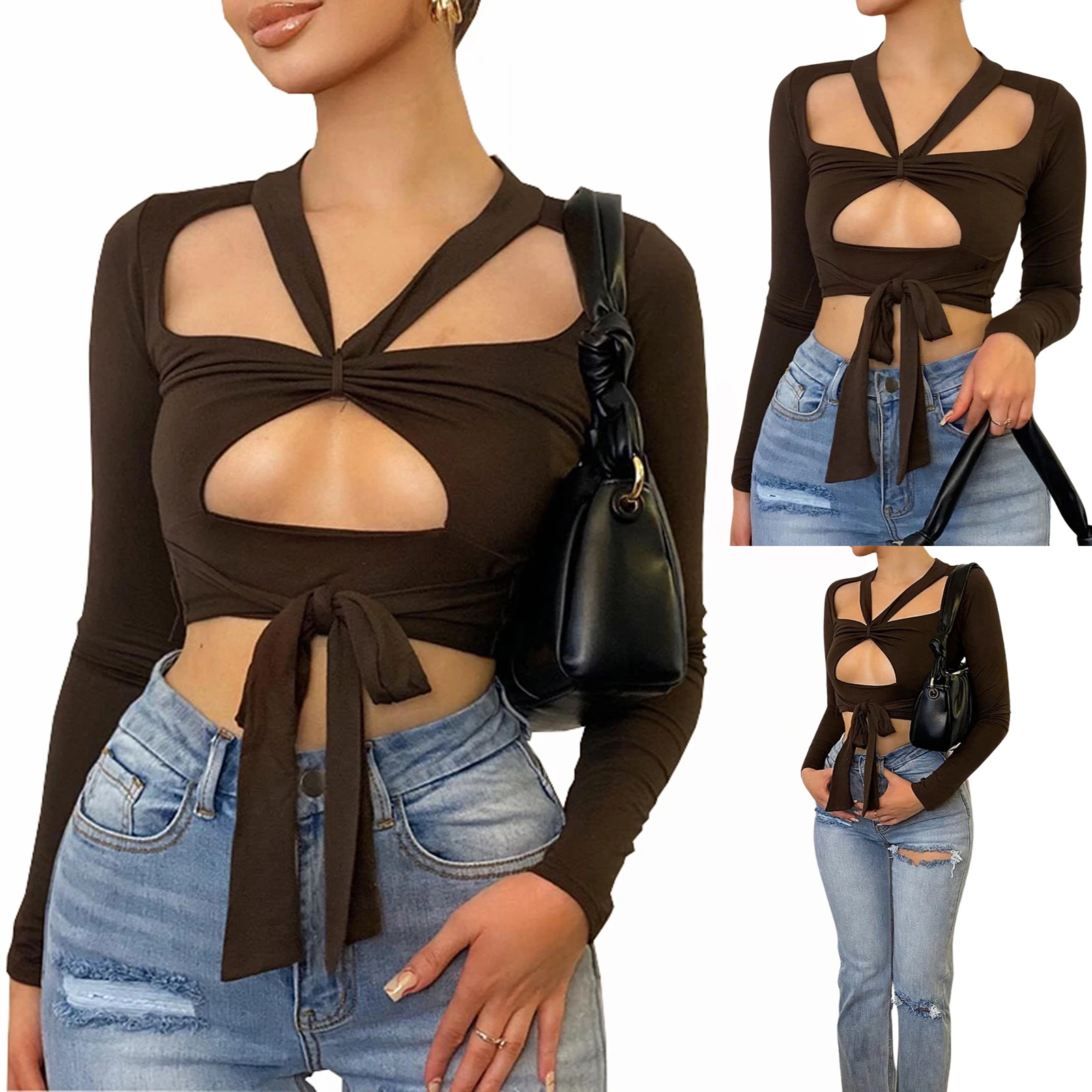 

Блузка женская летняя однотонная с V-образным вырезом и длинным рукавом