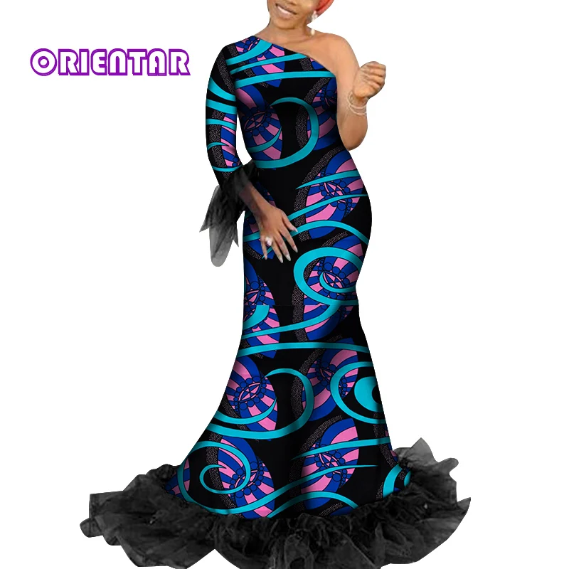 2020 African Dresses for Women Plus Size Long Ankara Dress Party Gowns with Black Yarn One Shoulder African Dress WY6685