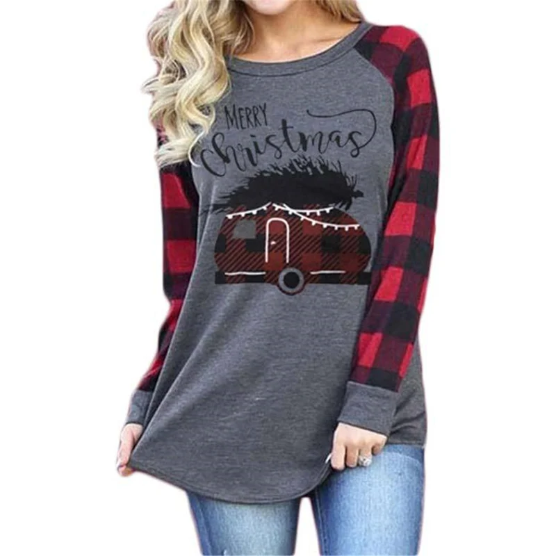 

Merry Christmas Letter Print Women Tshirts Cute Car Trees Graphic Tees Plaid Raglan Sleeve T shirt Casual Summer Xmas T-shirt