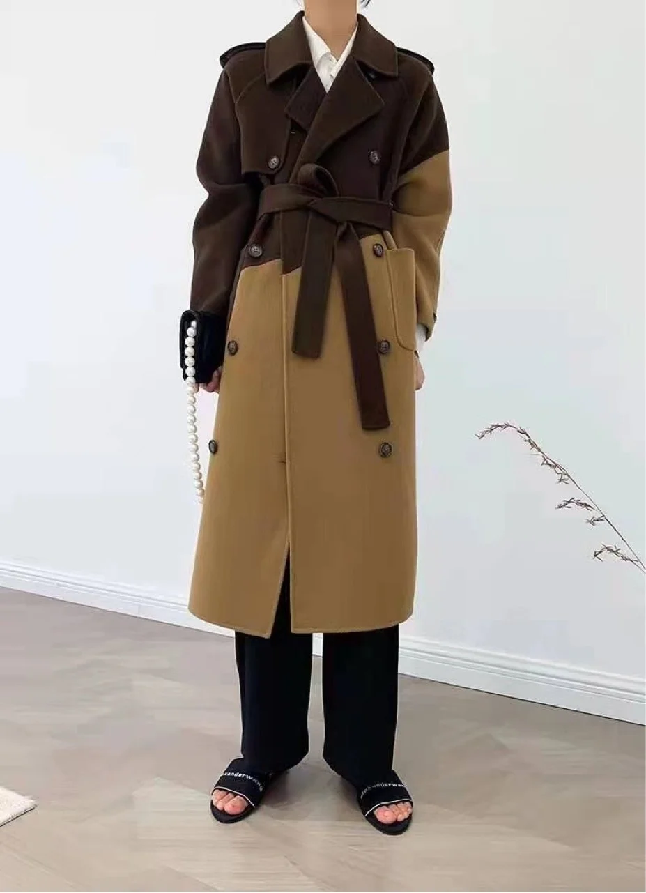 

Высококачественное кашемировое пальто supermodel aura, контрастное двубортное кашемировое пальто, твидовое пальто, женская Корейская версия