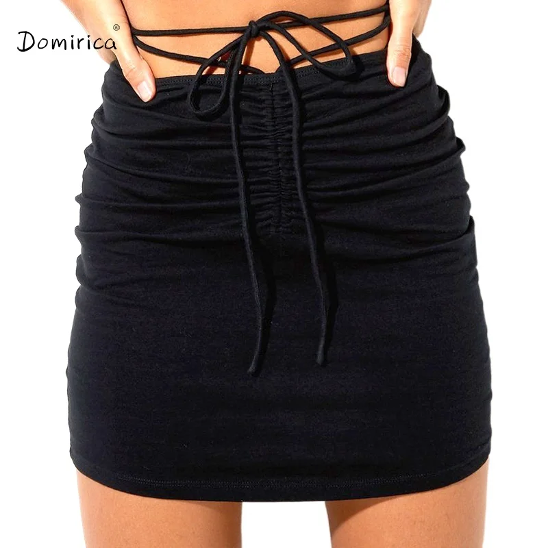 

DOMIRICA Summer New Drawstring High-waisted Skirt Women's Fashion Folds Slim Pure Color Knitted Mini Skirts Women's Clothing