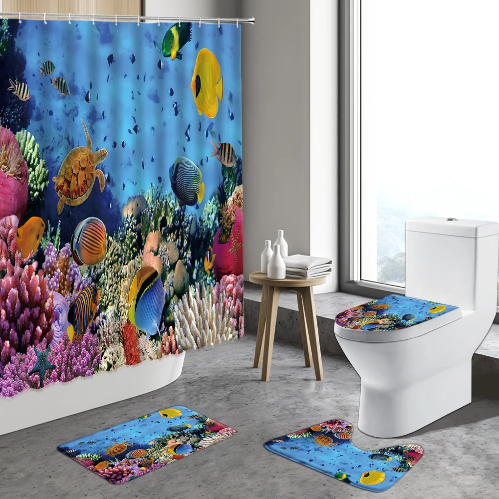 

Underwater World Fish Shower Curtain Tropical Fishes Sea Turtle Coral Blue Ocean Scenery Decor Background Bathroom Rug Mat Suit