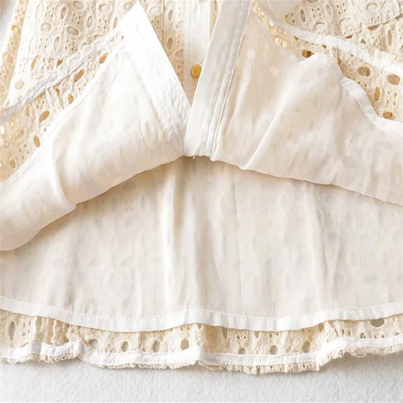 

2021 Summer Cutwork Embroidery Za Dress Women Long Sleeve Pleat Belted Shirtdress Button Up Openwork Embroidered Mini Dresses
