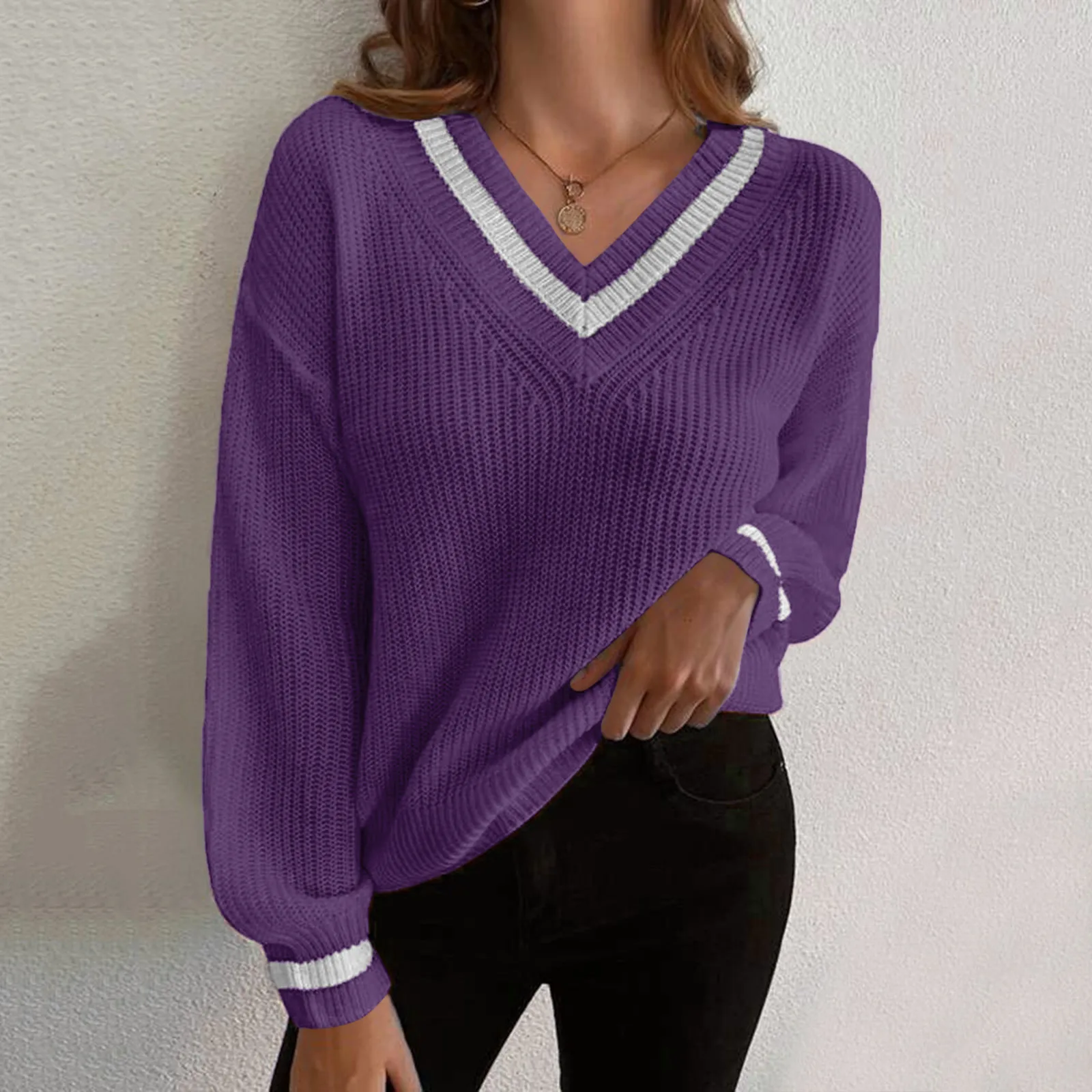 

Женский жаккардовый свитер с V-образным вырезом, свободного покроя