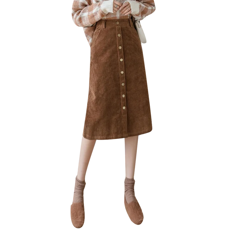 

FV Liser 2021 Winter Corduroy Women's Skirts Vintage High Waist Button Fashion Office Lady Casual Slim Women's Long Skirt Female