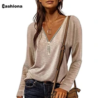 cashiona women fashion leisure t shirt 2021 autumn loose top pullovers long sleeve frauen zipper tees clothing size s 3xl