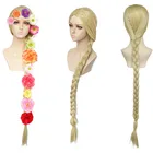 120 см48 дюймов на Хеллоуин для женщин принцесса Рапунцель косплей парики блондинка, огромные косички из волос, ролевая игра золотые плетеные волосы и цветы