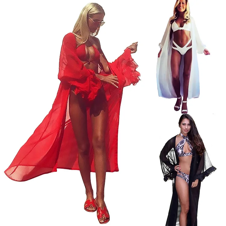 

Summer 2019 Hot European and American Cardigan Sun-Protective Clothing Lace Long-Sleeved Bikini Swimsuit Chiffon Blouse