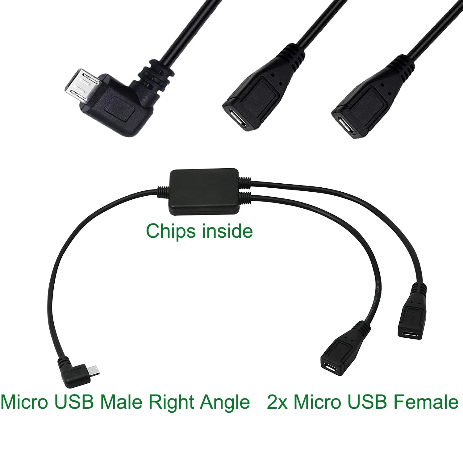 

Micro USB 5 Pin Male to 2 Micro Female Y Splitter Cable Right Angle Charger Charging Data Cord 2 in 1 Adapter Cable