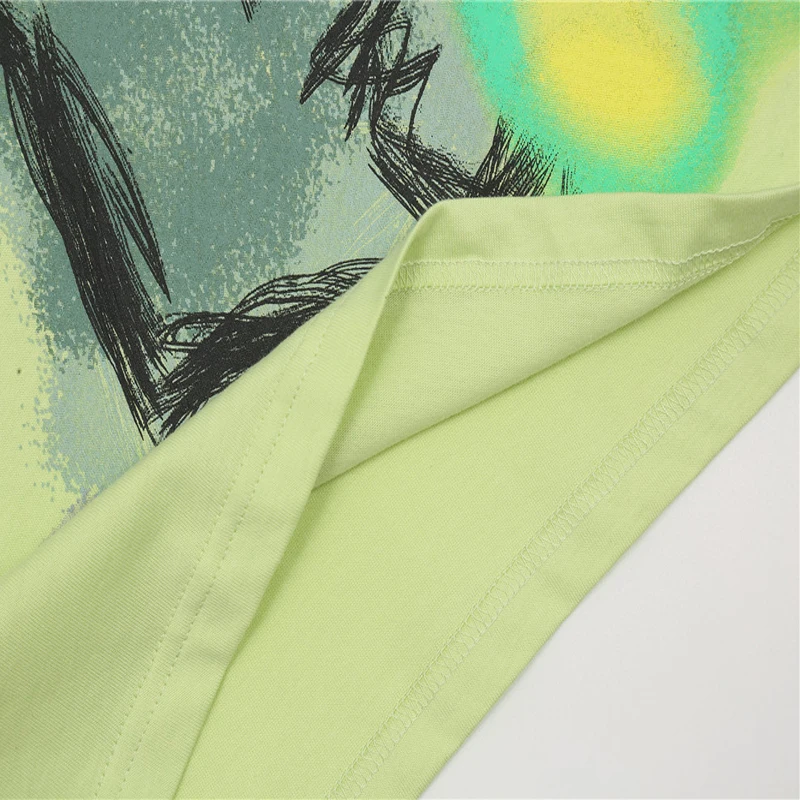 

ELKMU Mens Oversize T-shirt Summer Short Sleeve Tshirt Streetwear Harajuku Cartoons Graffiti Print Tops Tees Green Shirts HE819