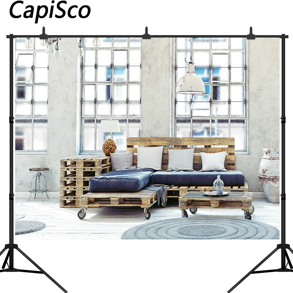 Фон для фотосъемки гостиной в индустриальном стиле с изображением дивана окна