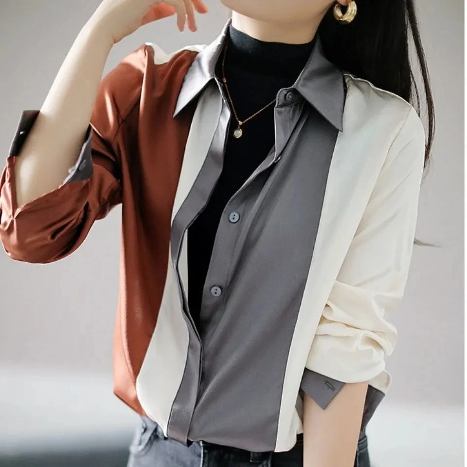 Shiny stripes contrast color texture silk stretch forged long-sleeved shirt autumn  woman shirts  Regular  COTTON  Button