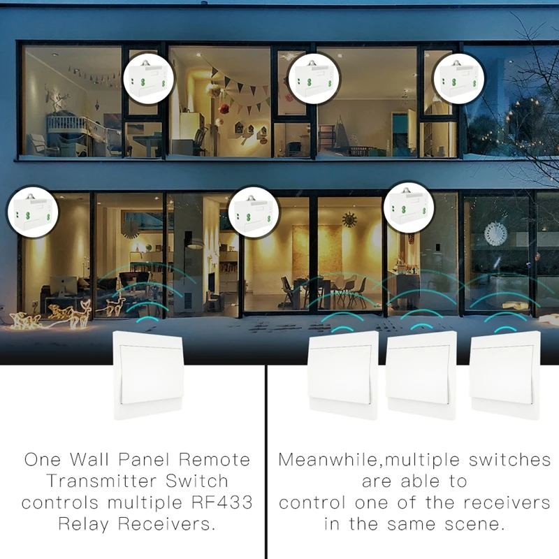 

RF433 Wireless Switch No Battery Remote Control Wall Light Switch Self Powered Wall Panel Transmitter