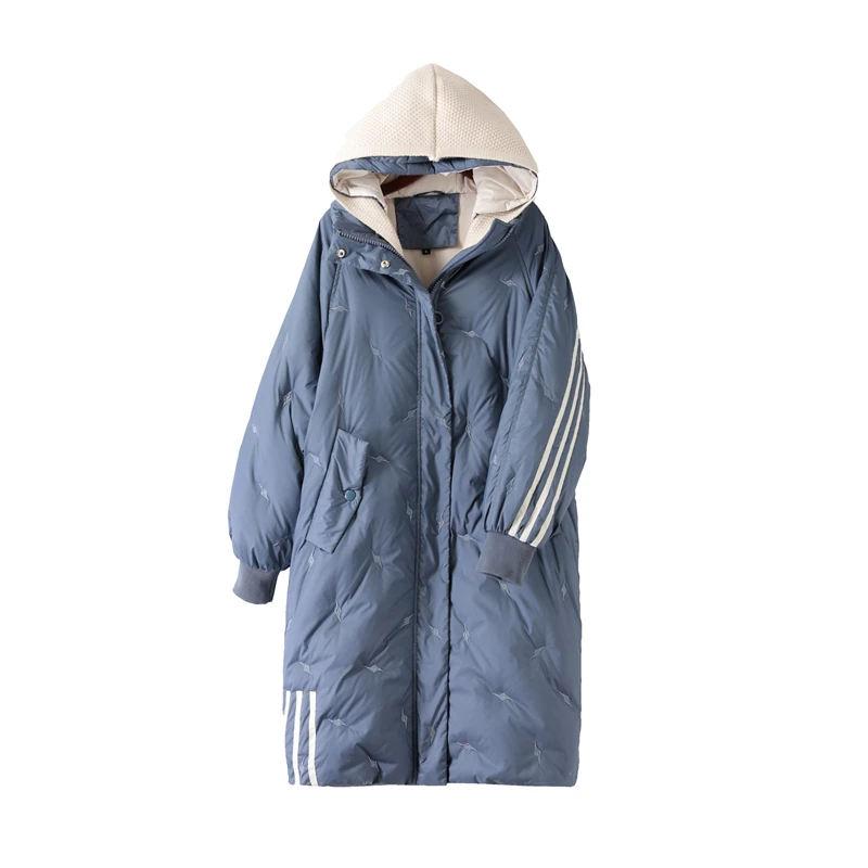 White duck down jacket women's medium and long coat new Korean thickened jacket knitted hooded splicing winter coat