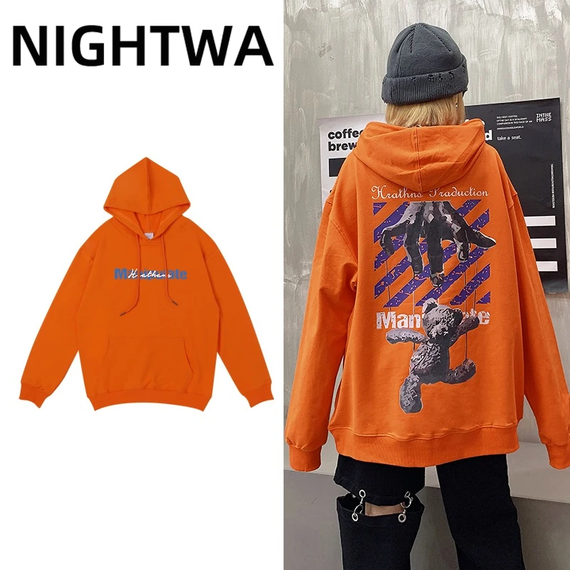 

NIGHTWA Woman Sweatshirt 2021 Korean Pullovers Autumn Winter Candy Color Loose Casual Hoodie Solid Womens Bear Pattern Print Top