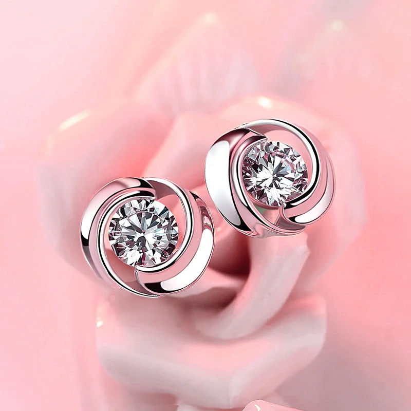 

Huitan Simple Silver Color Stud Earrings with Round Cubic Zirconia Low-key Wedding Women Earrings Fancy Girl Gift Trendy Jewelry