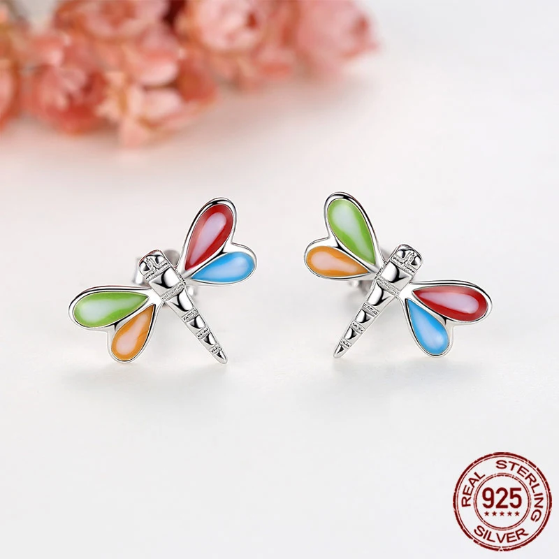 TONGZHE Dragonfly Earrings Women/men 925 Sterling Silver Stud Rainbow Cute Animal Flying Angel Wings Luxury Jewelry on - Ожерелье Dragonfly TONGZHE для женщин/мужчин из серебра 925 пробы с радужными крыльями ангела, красивым животным, летающим. Роскошное 