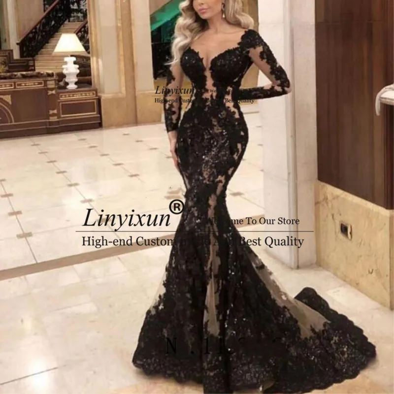 

Black Mermaid Sofuge Long Evening Dresses V Neck Guest Formal Prom Party Dress Vestidos De Fiesta De Noche Robe De Soiree