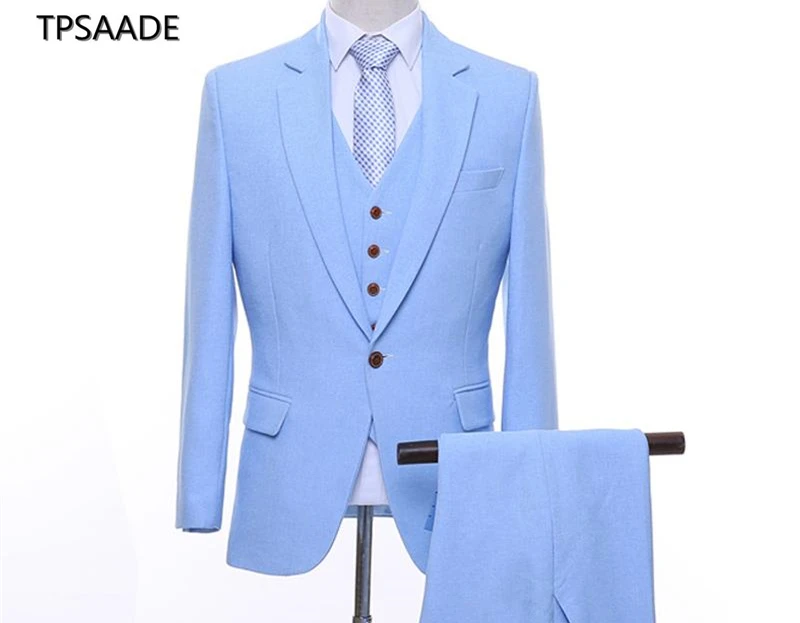 Мужские костюмы для вечеринки небесно голубого цвета жакет из трех предметов и
