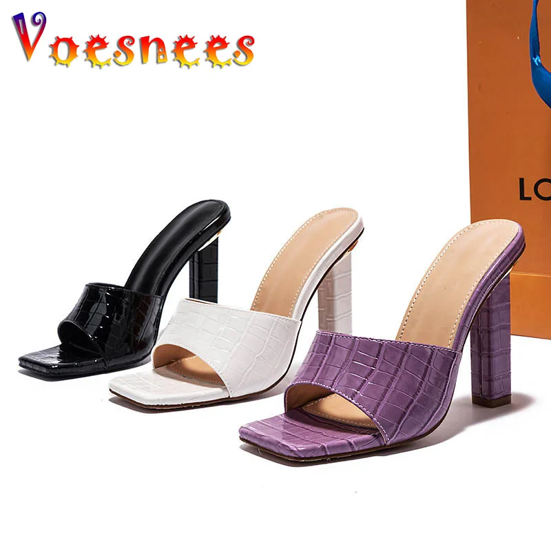 

Plus Size Square Head Open Toe Thick High-Heeled Sandals Summer 2022 New Square Heels Slip On Slippers Women Mules Party Shoes