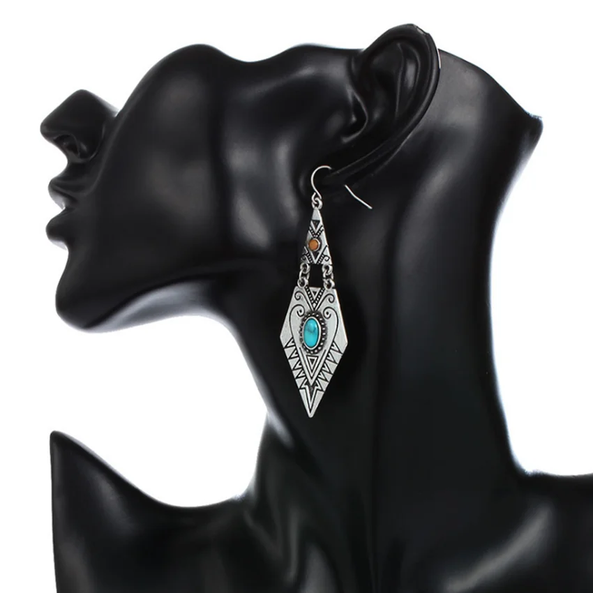 

FYJS Unique Silver Plated Green Turquoises Stone Geometric Drop Earrings for Women Jewelry