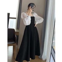 black white long sleeve ruffle dress french style elegant women square collar mid calf length dresses formal party commute wear