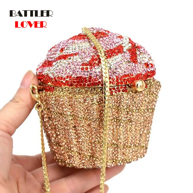 

Designer Brand Luxury Crystal Evening Bag Fashion Cupcake Diamond Clutch Soiree Purse Women Wedding Bride Cake Handbags