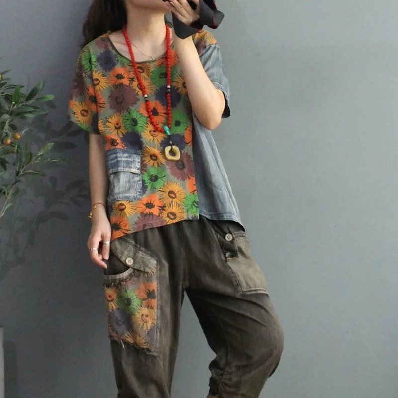

Fashion Loose Denim Two-piece Female Korean Style Large Washed Daisy T-shirt Tencel Denim Round Neck Cropped Trousers Suit