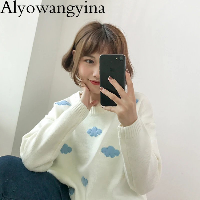 Alyowangyina, пуловеры размера плюс, женский свитер, кавайные топы,, зимние женские свитера, Корейская одежда, милые облака, G526