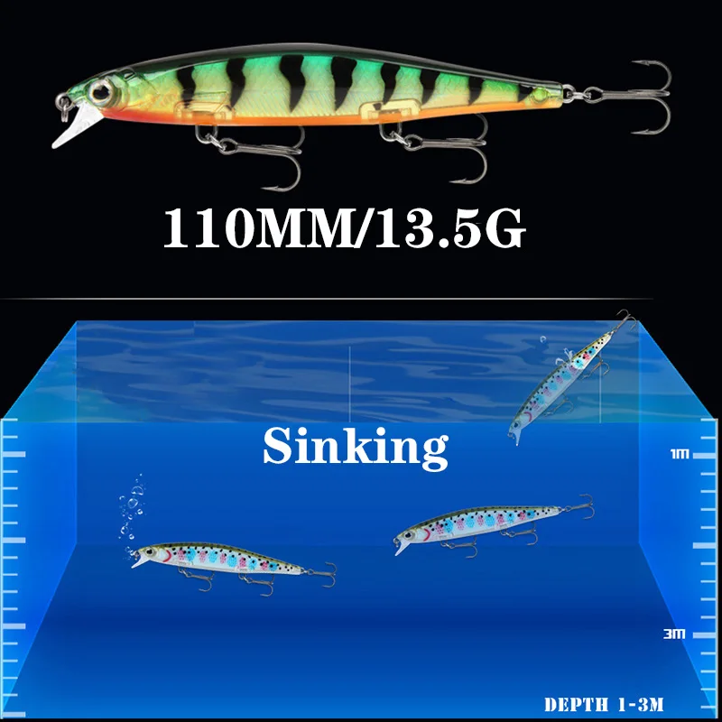 1Pcs Sinking Minnow Fishing Lure 11cm 13.5g Floating Wobblers Swimbait Laser Artificial Hard Bait Crankbait for Bass Pike Tackle