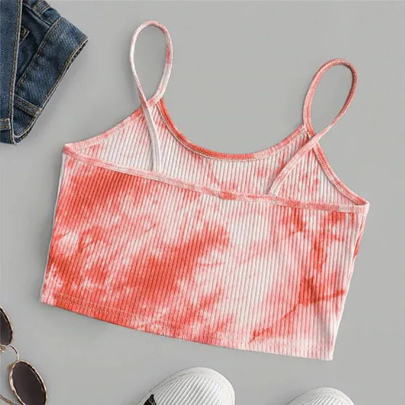 

New Ladies Summer Ribbed Slim Fit Vest Tops Women Pullovers Casual Sexy Sling Backless Tie Dye Printing Crop Top Club Streetwear