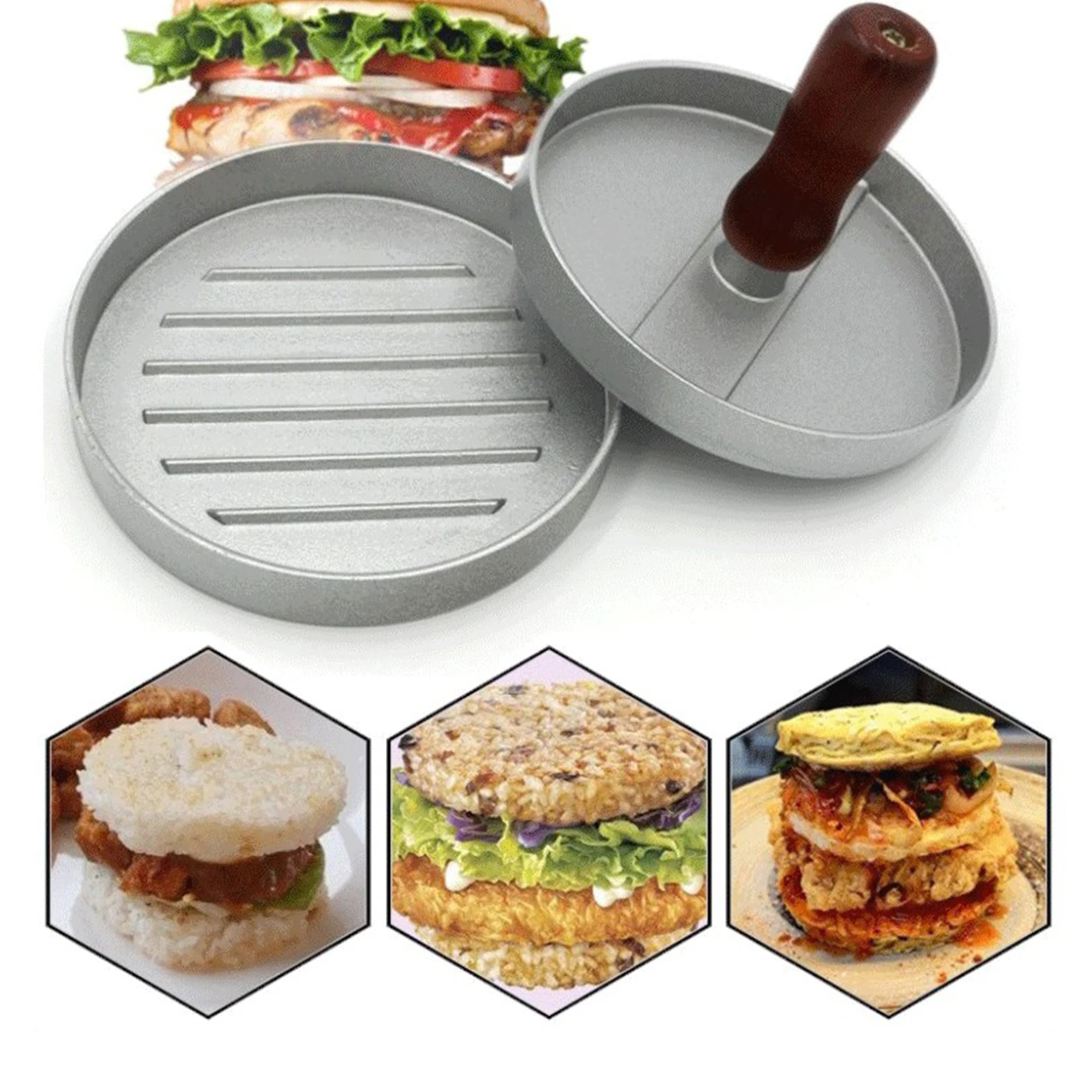 

Round Shape Hamburger Press Aluminum Non-Stick Alloy + ABS Hamburger Meat Beef Grill Burger Press Mold Kitchen Meat Tools