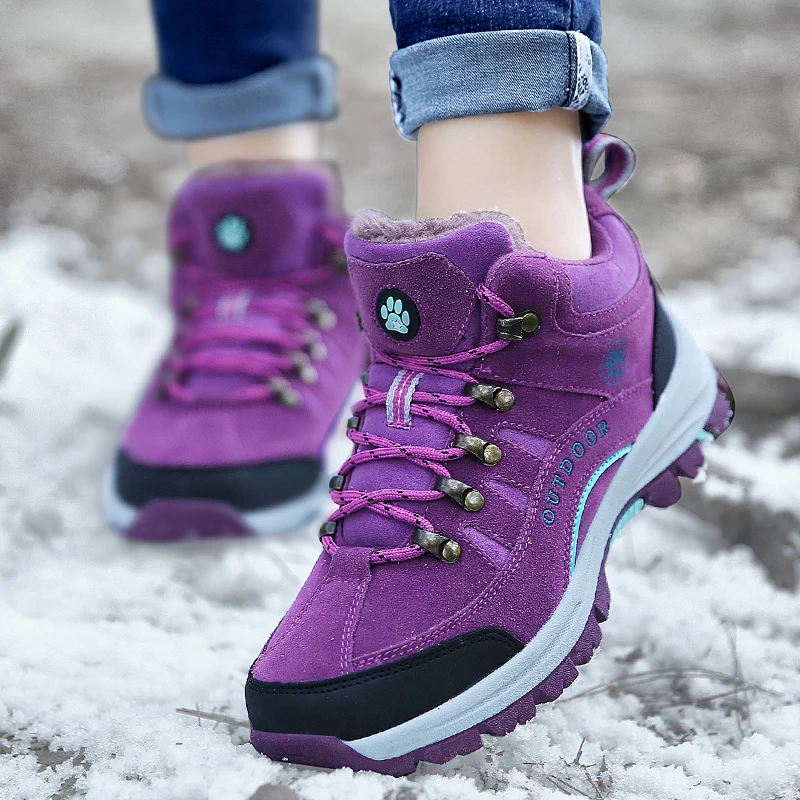 Outdoor Purple Ladies Snow Hiking Shoes Waterproof Mountain Boots Mens Womens Winter Hiking Boot Fashion Trekking Boots Woman
