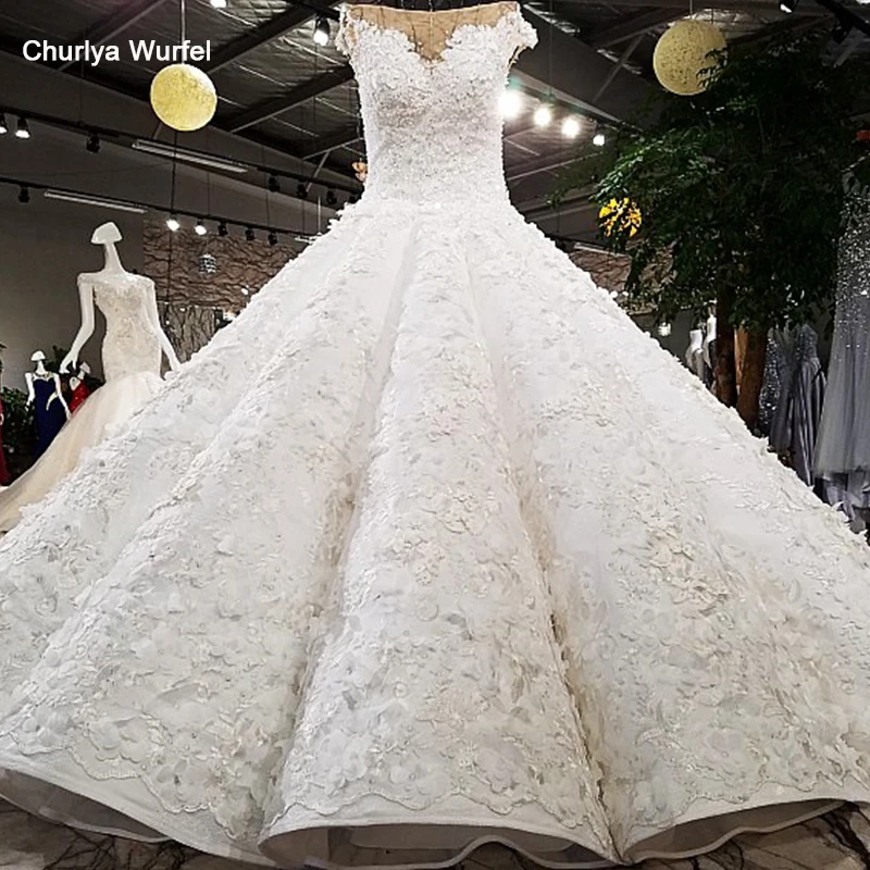 LS64451 свадебное платье кружевные цветыроскошный пушистый бальное платье роскошные колпачки с рукавами супер большой юбки отбортовывать аппликации реальные картины показать свадебное платье с поездом
