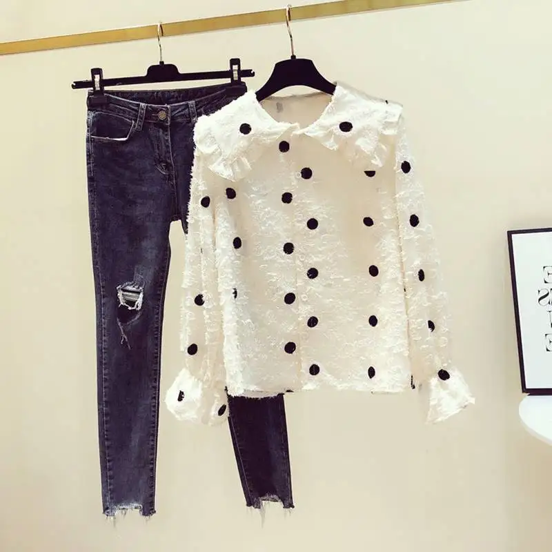 

Spring women's new wave point shirt women's long sleeve top doll collar summer dress women's bottom shirt